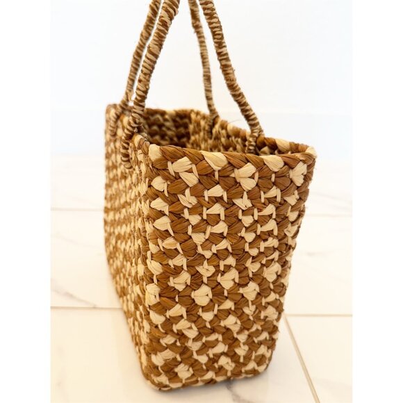 Brown & Tan Straw Woven Basket Handbag Tote - Picture 4 of 7